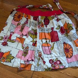 Retro Floral & Kitchen Print Cotton Waist Apron— White, Pink, Orange, Red